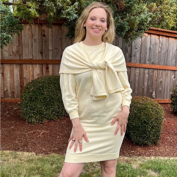 80s ESPIRT SPORT Hooded Sweater Mini Dress, Pale Butter Yellow Sweatshirt Dress - Picture 2 of 9